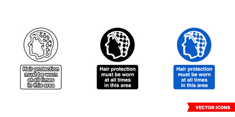 Hair protection must be worn at all times in this area sign icon of 3 types color, black and white, outline. Isolated vector sign symbol.