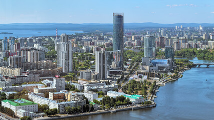 View of Yekaterinburg-City district and north-western side of Yekaterinburg, Russia, from observation deck on Vysotsky skyscraper. The observation deck is located at 186m above the ground.