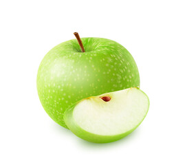 Whole green apple fruit and a piece isolated on white background. High quality photo