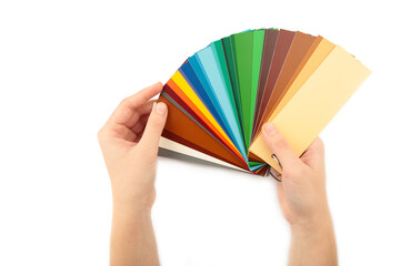 Colors range palette on hand isolated on white background