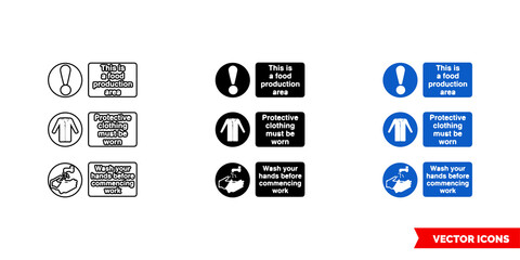 This is a food production area protective clothing must be worn wash your hands before connecting work sign icon of 3 types color, black and white, outline. Isolated vector sign symbol.