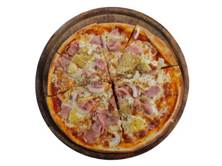 Top view of Hawaiian pizza with sweet pineapple and salty ham and mozzarella on a wooden bard isolated on white background	