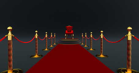 3D render of Red royal chair. Red carpet between two rope barriers leading to the luxurious throne, Place for the king. Royal throne,