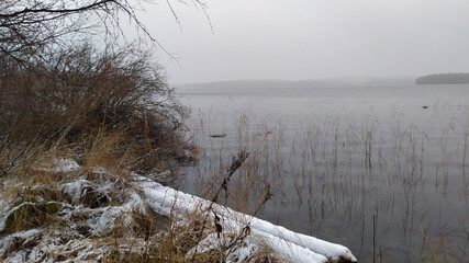 Russia, Karelia, Kostomuksha. Here is a view of the lake in late autumn. November 18, 2020.