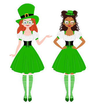 Young women wearing green hats and irish national dresses. Saint Patricks Day illustration