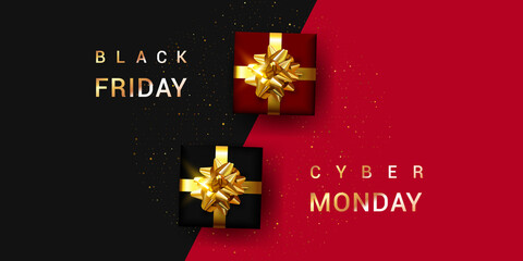 Black friday, cyber monday card.  Banner with gift boxes.