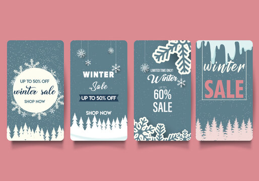 Set of abstract winter backgrounds for social media stories. Colorful winter banners with falling snowflakes, snowy trees. Wintry scenes . Use for event invitation, discount voucher, ad. Vector eps 10