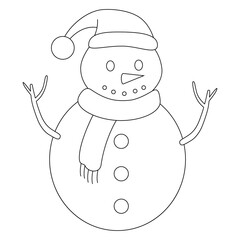 Snowman in Christmas hat. Vector illustration in Doodle style. Isolated black silhouette on a white background