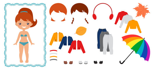 1425_Dress up paper dolls. Cute chibi girl character. Flat cartoon style