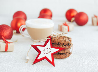 Christmas coffee and cookie with chocolate. New Year's decorations on the background. - 393563787