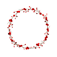 Watercolor Christmas decoration wreath with holly berry branches