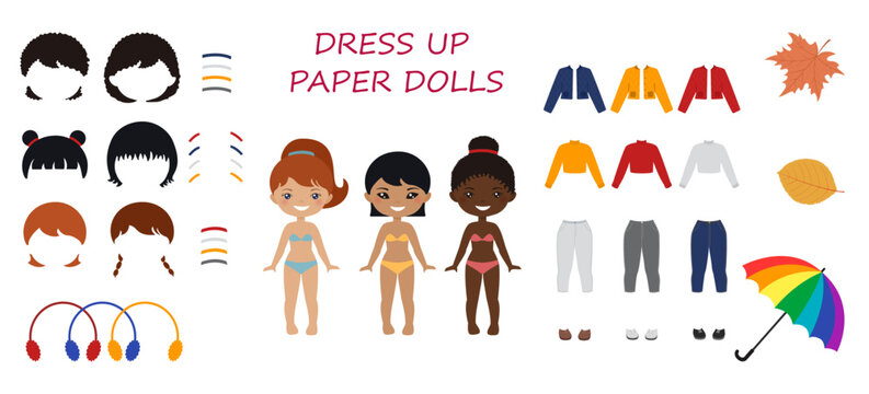 1427_Dress up paper dolls. Set of cute chibi girls characters. Flat cartoon style