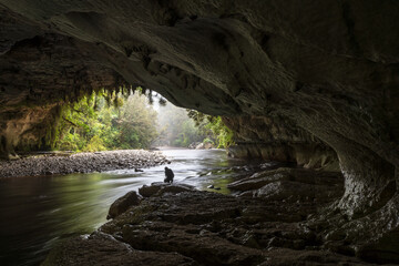 Moria Gate Arch in New Zealand. The ceiling is covered with stalactites and roots. The River cave...