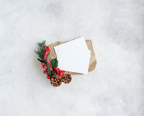 Christmas flat lay letter and blank card on white background with spruce branch. - 393565387
