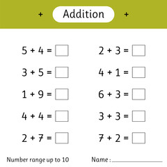 Addition. Number range up to 10. Math worksheet for kids. Mathematics. Solve examples and write. Developing numeracy skills