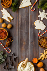 Food frame of Christmas gingerbread cookies, top view