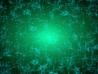 Digital connectivity, artificial intelligence and data storage concept. Emerging connections, conductors and neural signals on glowing green background