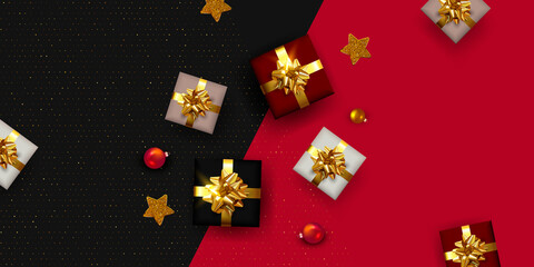 Festive card, greeting poster, banner. Black and red Xmas Background with gift boxes and Christmas decoration
