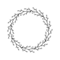 Round frame made of branches, leaves, berries. Beautiful wreath, linear drawing. Floral border with place for text. Design template for holiday invitation, logo, home decoration. Vector illustration