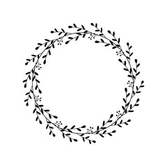 A wreath of branches, leaves, berries. Black linear drawing. Decorative border, festive design element. Round floral frame. Vector illustration isolated on white background. Circle with leaves