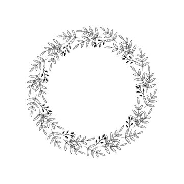 Elegant wreath of twigs with leaves and berries. Beautiful floral border. Black white drawing of plant frame. Round wreath, design template for cards, decoration, scrapbooking. Vector illustration