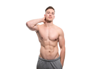 Fototapeta premium Muscular and fit bodybuilder shirtless torso isolated on white