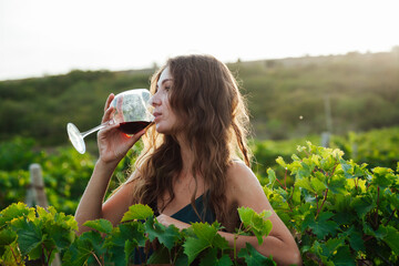 beautiful woman in dress drinks wine in vineyards