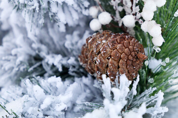 Pine cone covered with snow after snowfall. Christmas decorations on the city street, winter weather, New Year background