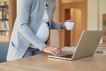 Schwangere Frau beim Arbeiten mit Laptop, Closeup