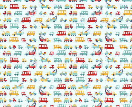 Seamless vector pattern with hand drawn cars driving along the city road. Trucks and cars for boys. children's print for clothes and souvenirs. Digtle transport illustration © miracle15