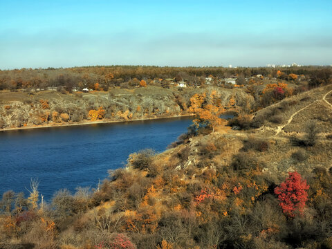 Autumn color along the Dniper River and the rocky coast of the island of Khortitsa