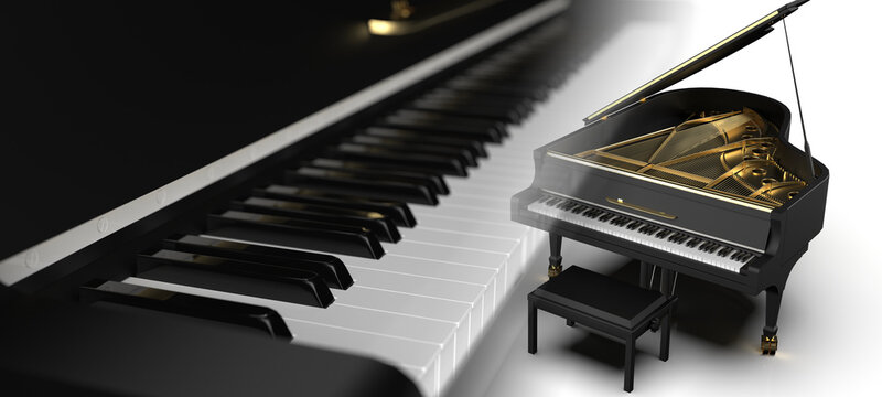 Multi Exposure of Grand Piano and Keyboard under white background. 3D illustration. 3D high quality rendering.