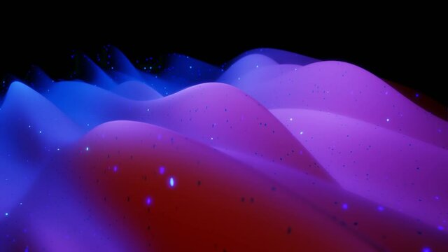 Abstract 3D surface with beautiful waves, luminous sparkles and bright color gradient blue purple. Waves run on matte surface with glow glitter. 4k looped animation