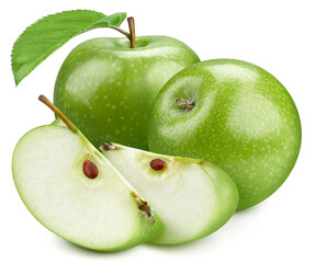 Two green apples with and slice with a leaf