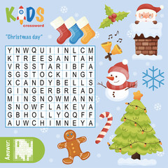 Easy word search crossword puzzle "Christmas day", for children in elementary, primary and middle school. Fun way to practice language comprehension and expand vocabulary. Includes answers.