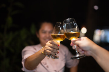 Shot in high iso with low light couple toasting wineglasses on vacation.