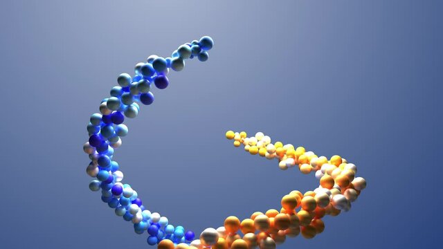 Abstract DNA orange and blue pearls intertwining 3D animation.  DNA double helix. Science and medicine concepts building in time. 