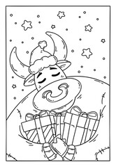 Bull in a santa hat and sweater with gifts. Year of the ox. Happy Cow. New year and merry christmas illustration. Chinese zodiac symbol of the year 2021. Coloring page for children book.