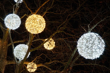 neon, glowing balls on a tree