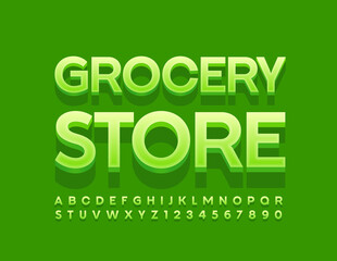 Vector green Logo Grocery store. Trendy 3D Font. Creative  Alphabet Letters and Numbers.