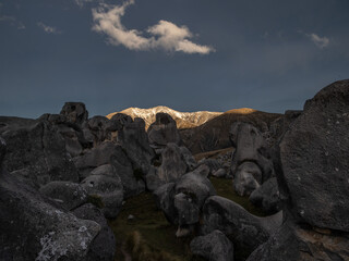 Castle Hill high country station in New Zealand's South Island. The hill was so named because of the imposing array of limestone boulders in the area reminiscent of an old, run-down stone castle.