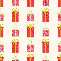 Gift Boxes Seamless Pattern. Colorful gift boxes with ribbons and bows, on the light background for gift decorations and holiday backgrounds.