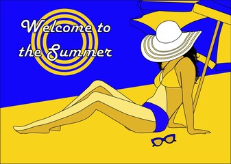 Woman sunbathing on the beach sand under a sun umbrella. with the inscription "Welcome to the Summer" Summer image in blue and yellow.