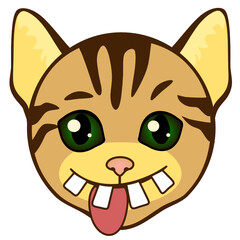 goofy smiling cat with crooked teeth, differently sized eyes, stupid look, sticking out tongue and silly dumb face, simplistic facial expression vector illustration