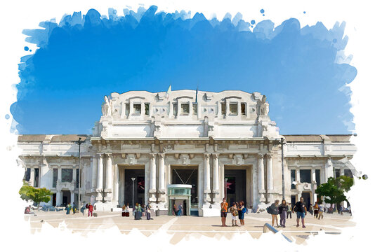 Watercolor drawing of Milan Milano Centrale stazione railway central train station old architecture building on Piazza Duca d'Aosta square with blue clear sky background, Lombardy