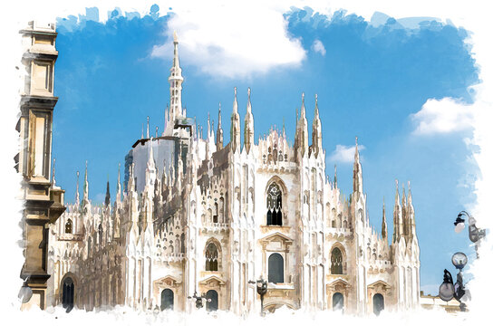 Watercolor drawing of Duomo di Milano cathedral facade with white walls, spires, mouldings and stucco work on Piazza del Duomo square, blue sky background, Milan historical city centre, Italy