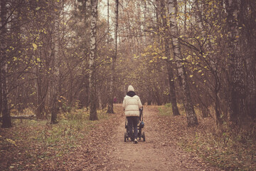 A girl with a stroller walks in the autumn forest