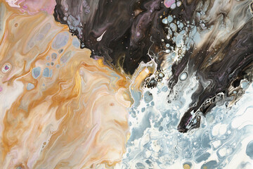 Abstract flow acrylic and watercolor pour marble blot painting. Color wave horizontal texture background.