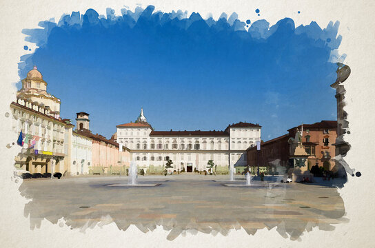 Watercolor drawing of Royal Palace Palazzo Reale and San Lorenzo church on Castle Square Piazza Castello with fountains and monuments in historical centre of Turin Torino city, Piedmont, Italy