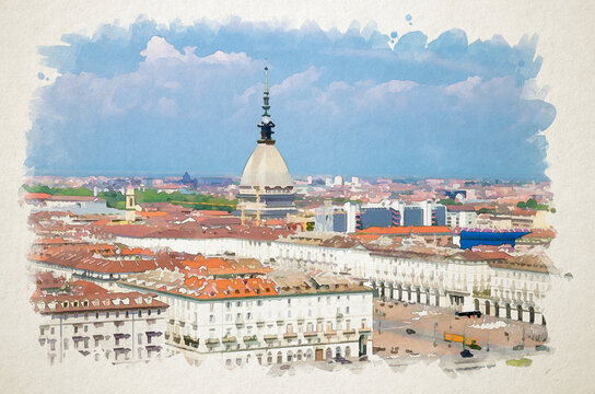 Watercolor drawing of Aerial top panoramic view of Turin city center skyline with Piazza Vittorio Veneto square, Po river and Mole Antonelliana building with high spire, Piedmont, Italy